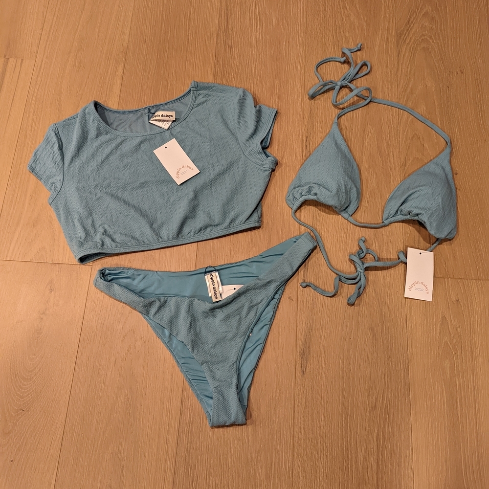 Three Piece Dusty Teal\Blue Bikini Set - Picture 13 of 13